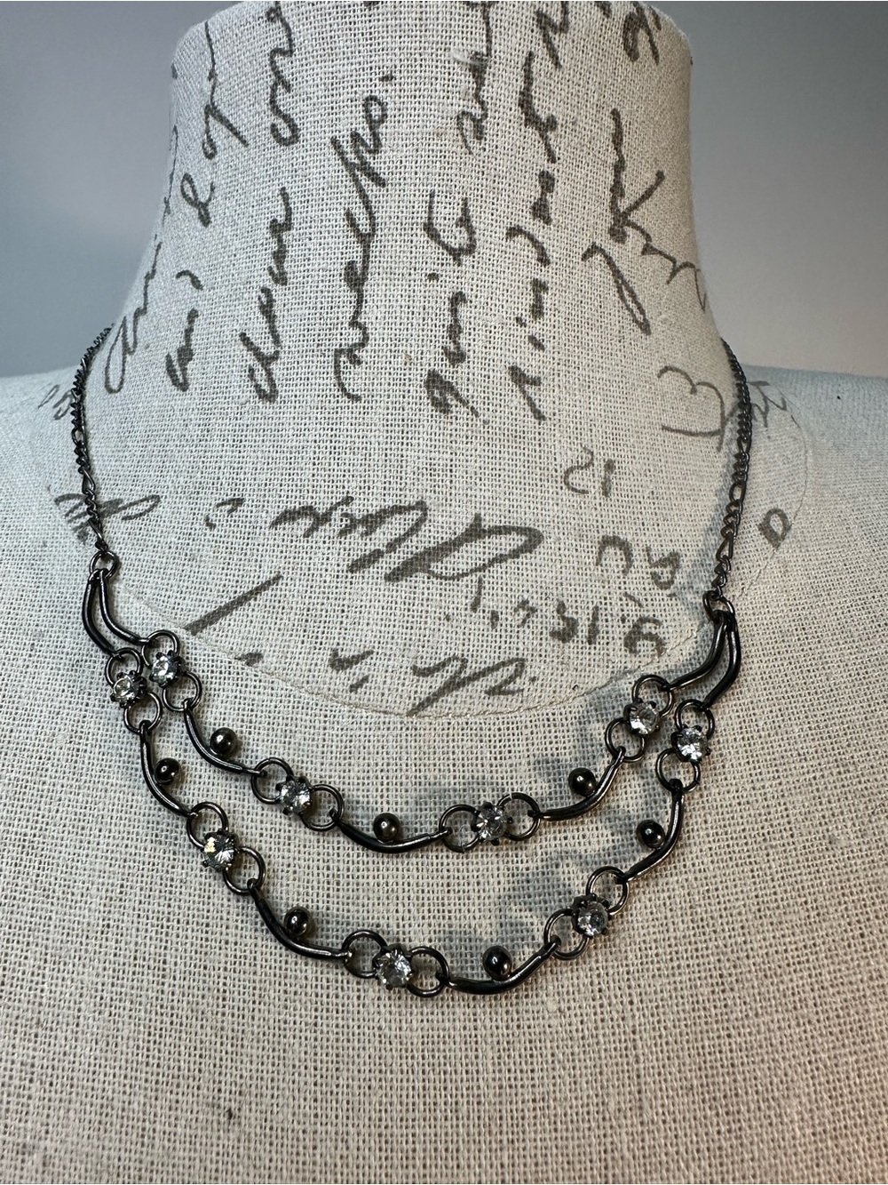 Two-Strand Gunmetal Necklace with Clear Crystal Accents